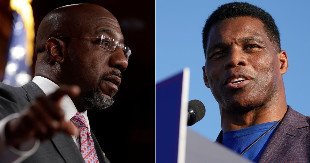 At left, Democratic Sen. Raphael Warnock of Georgia gestures as he speaks at a news conference at the U.S. Capitol in Washington on Jan. 4. At right, Republican Senate candidate Herschel Walker speaks at a rally in Perry, Georgia, on Sept. 25.