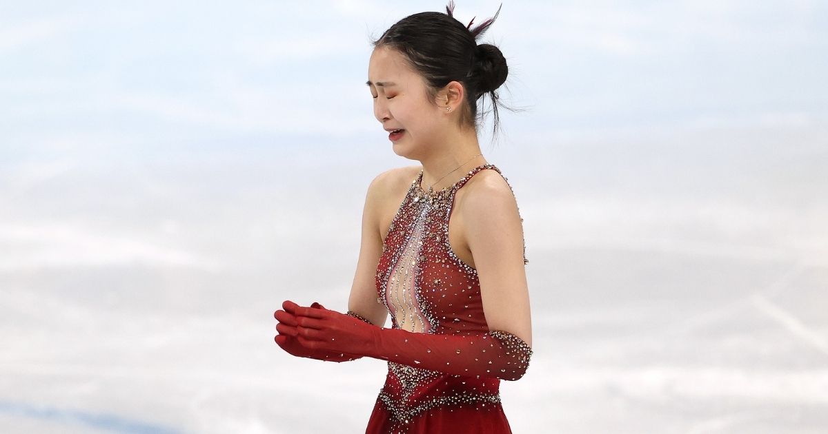 Chinese figure skater Zhu Yi reacts during the free skate in the team competition of the Winter Olympics at Capital Indoor Stadium in Beijing on Monday.