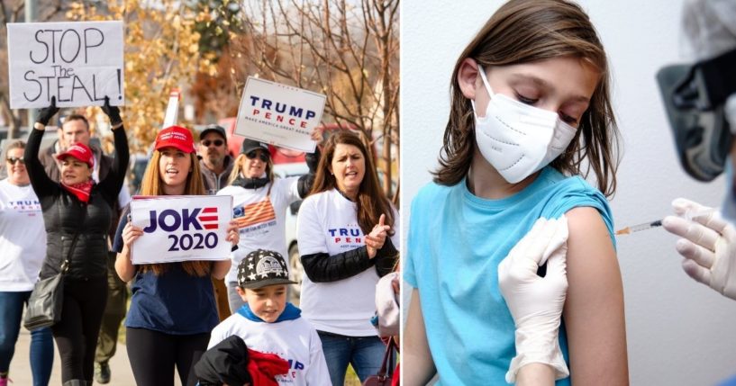 People protest the results of the 2020 presidential election in the stock image on the left. A child receives a vaccination in the stock image on the right.