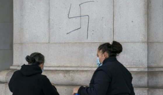 A swastika on a column at Union Station in Washington, D.C.