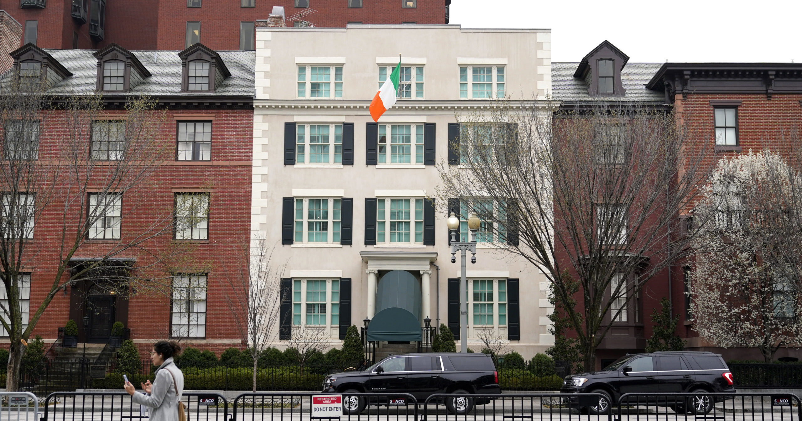 The Irish flag flies at Blair House across the street from the White House in Washington, D.C., on Thursday.
