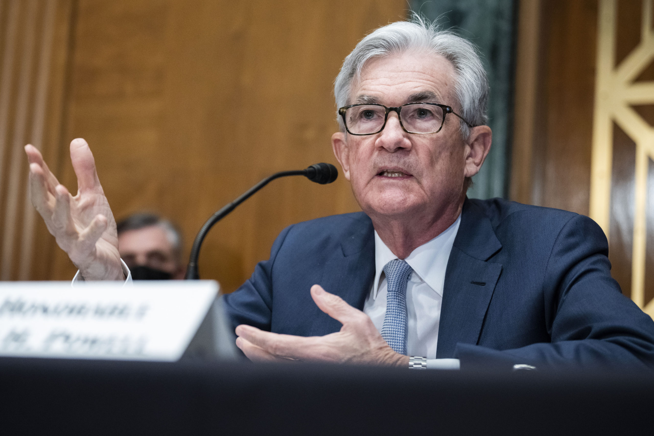 Federal Reserve Chairman Jerome Powell testifies during a Senate Banking Committee hearing on Capitol Hill on Thursday.