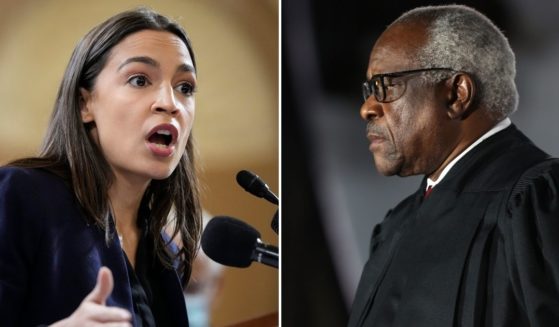 Democratic Rep. Alexandria Ocasio-Cortez of New York, left, is calling for Supreme Court Justice Clarence Thomas to resign or face impeachment over his wife's involvement in the events leading up to the Jan. 6, 2021, Capitol incursion.