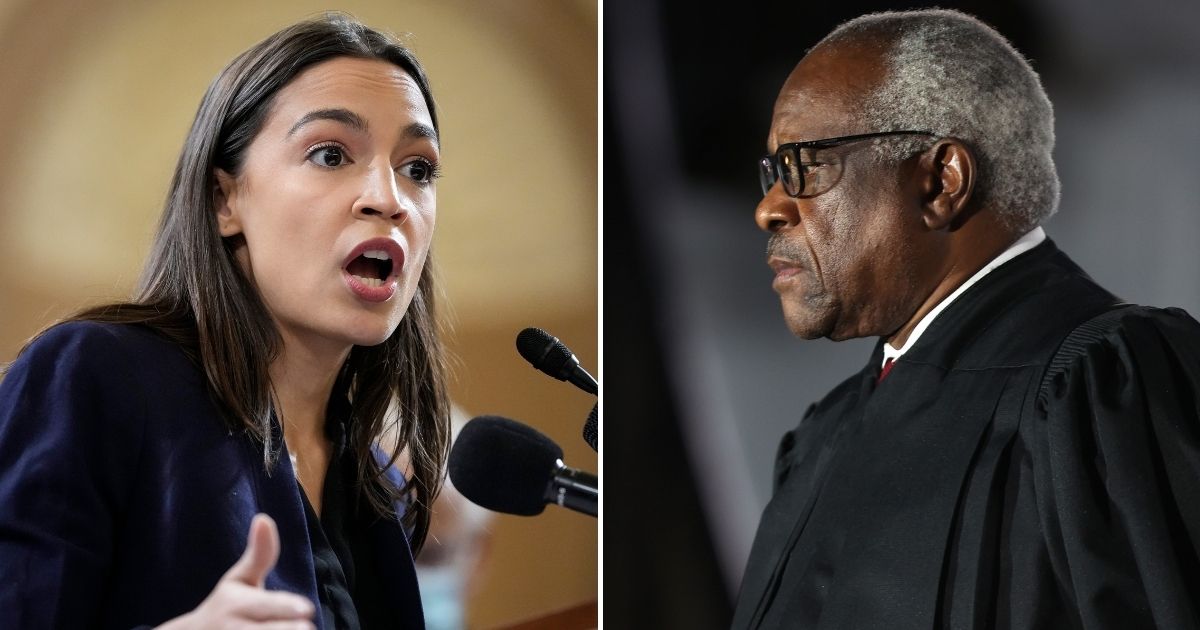Democratic Rep. Alexandria Ocasio-Cortez of New York, left, is calling for Supreme Court Justice Clarence Thomas to resign or face impeachment over his wife's involvement in the events leading up to the Jan. 6, 2021, Capitol incursion.