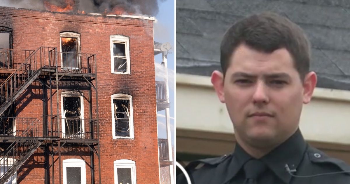On Sunday in Rogersville, Alabama, an apartment fire, like the one pictured on the left, had a 3-year-old trapped, and Rogersville police officer Tyler Dison, right, rushed in to save the entrapped toddler.