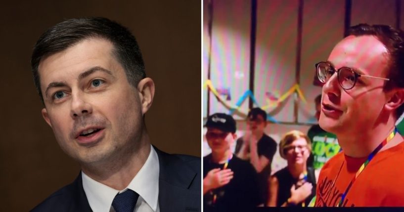 US Transportation Secretary Pete Buttigieg, left, was featured in a documentary in which his husband Chasten teaches a group of children to recite a pledge to the gay-pride flag.