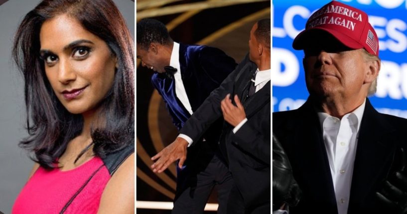 CNN analyst Asha Rangappa, left, took to Twitter to blame former President Donald Trump, right, for normalizing violence, such as Will Smith hitting Chris Rock during the Oscars on Sunday night.