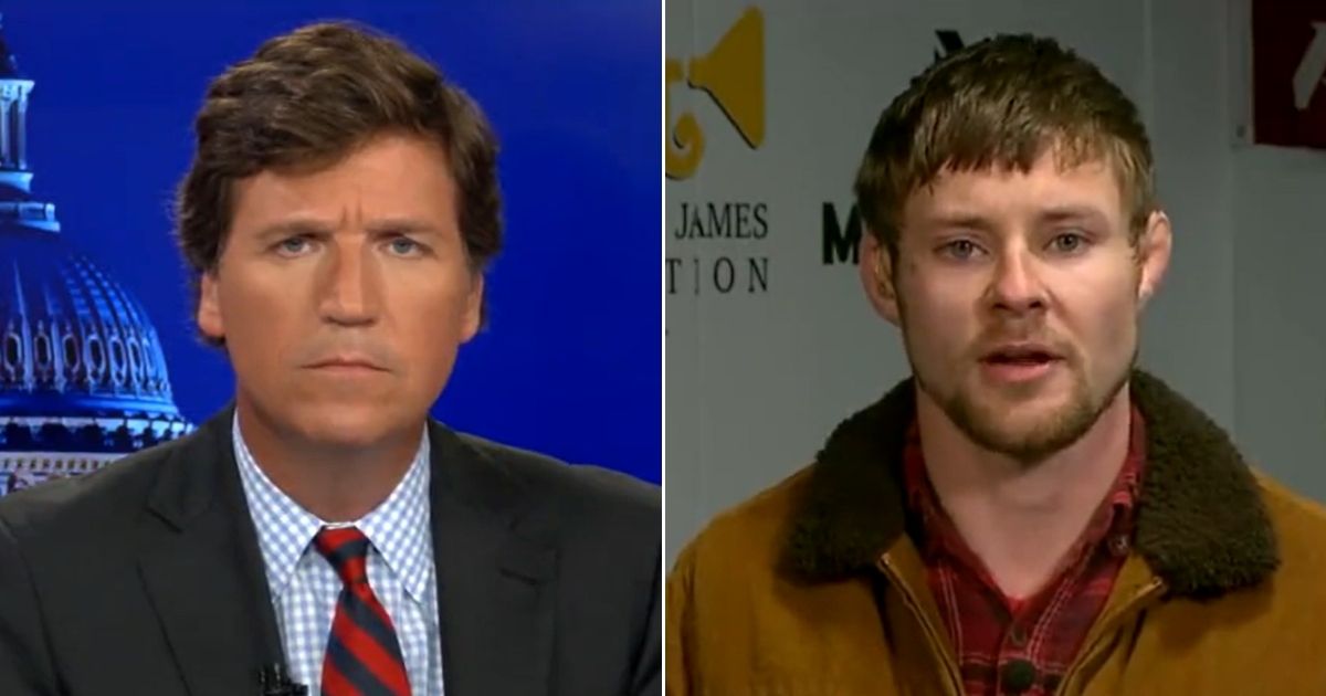 UFC fighter Bryce Mitchell, right, speaks to Fox News host Tucker Carlson on Tuesday.