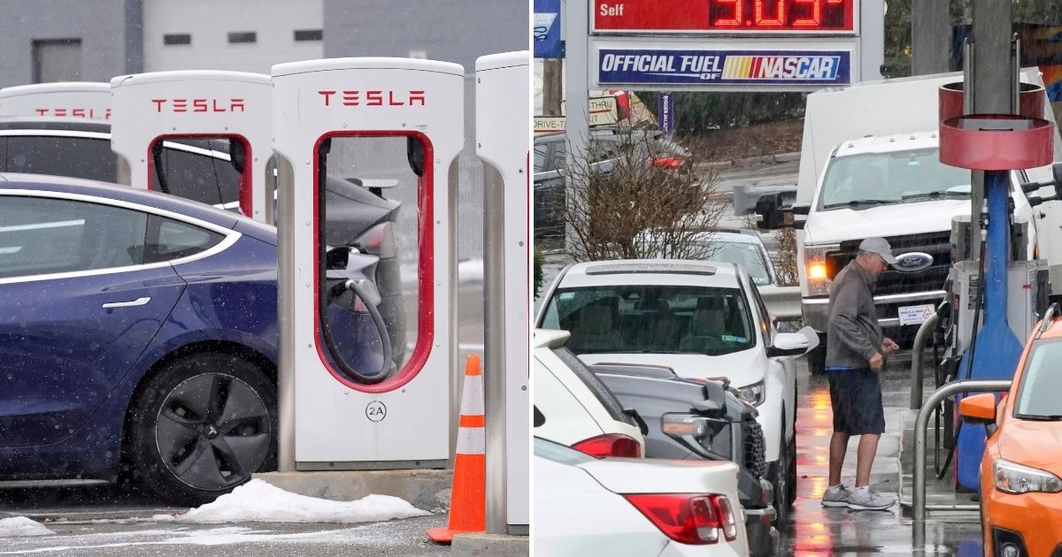 Tesla vehicles charge as a charging station in Dedham, Massachusetts, left, while residents of Lebanon, Pennsylvania gas up at the local Sunoco station, right.