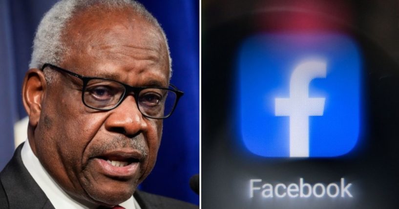 Supreme Court Justice Clarence Thomas speaks at The Heritage Foundation on Oct. 21, 2021, in Washington, D.C. The Facebook logo is seen on a cellphone screen in Moscow on Nov. 19, 2021.