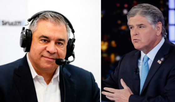 David Bossie, left, talks with SiriusXM on Feb. 11, 2020, in Manchester, New Hampshire. Fox News host Sean Hannity speaks during a taping of his show in New York on Aug. 7, 2019.