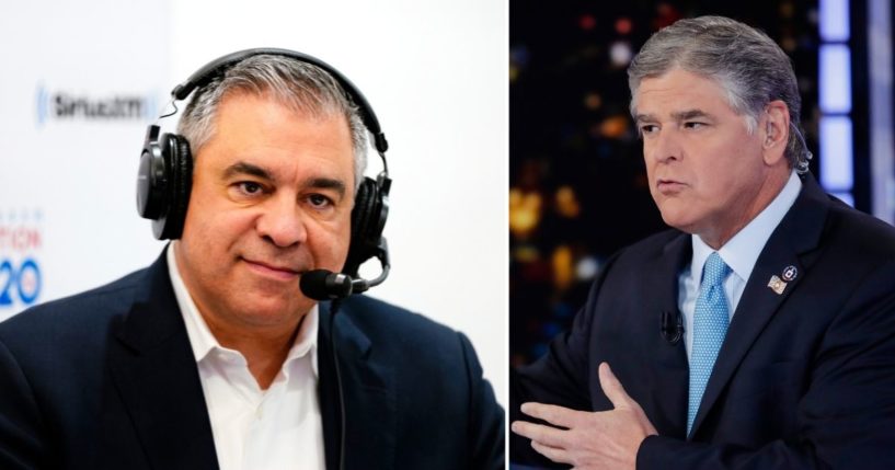 David Bossie, left, talks with SiriusXM on Feb. 11, 2020, in Manchester, New Hampshire. Fox News host Sean Hannity speaks during a taping of his show in New York on Aug. 7, 2019.
