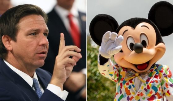 At left, Florida Gov. Ron DeSantis takes part in a roundtable discussion at the American Museum of the Cuba Diaspora in Miami on July 13, 2021. At right, Mickey Mouse is seen at the Walt Disney World Resort in Lake Buena Vista, Florida, on July 2, 2020.