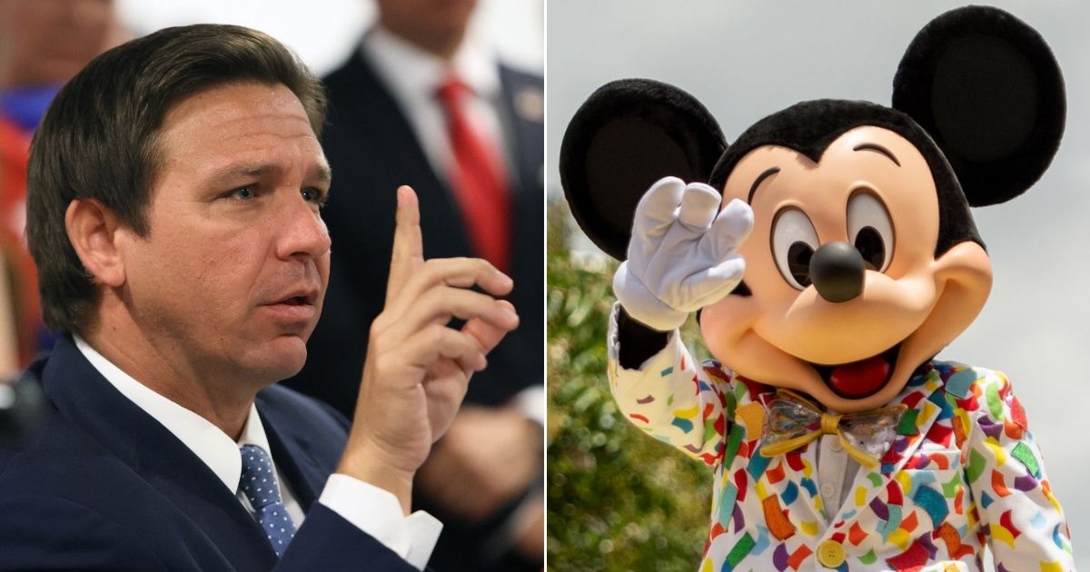 At left, Florida Gov. Ron DeSantis takes part in a roundtable discussion at the American Museum of the Cuba Diaspora in Miami on July 13, 2021. At right, Mickey Mouse is seen at the Walt Disney World Resort in Lake Buena Vista, Florida, on July 2, 2020.