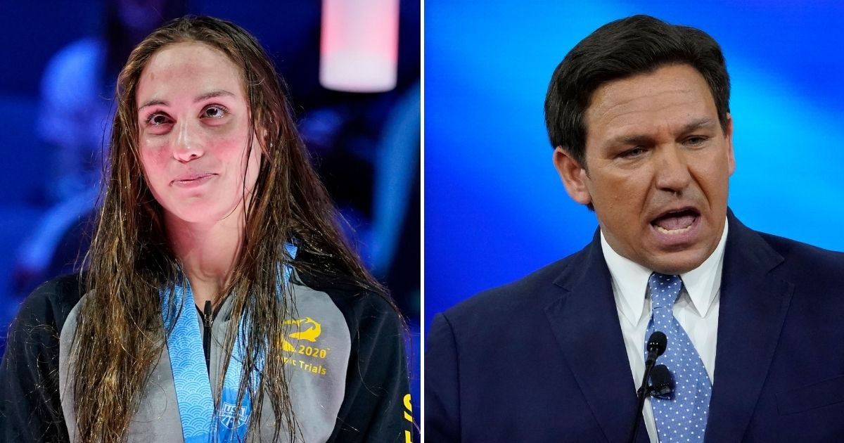 Republican Gov. Ron DeSantis of Florida, right, recognized NCAA swimmer Emma Weynant, left, as the best women's 500-yard freestyle swimmer after she came in second place to transgender swimmer Lia Thomas.