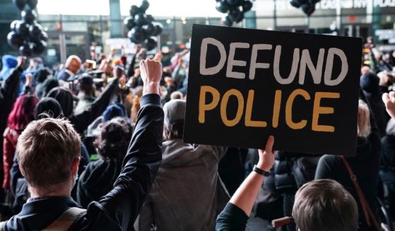 On Oct. 14, 2020, protesters held a rally to "Defund Police" at the Barclays Center in New York City.