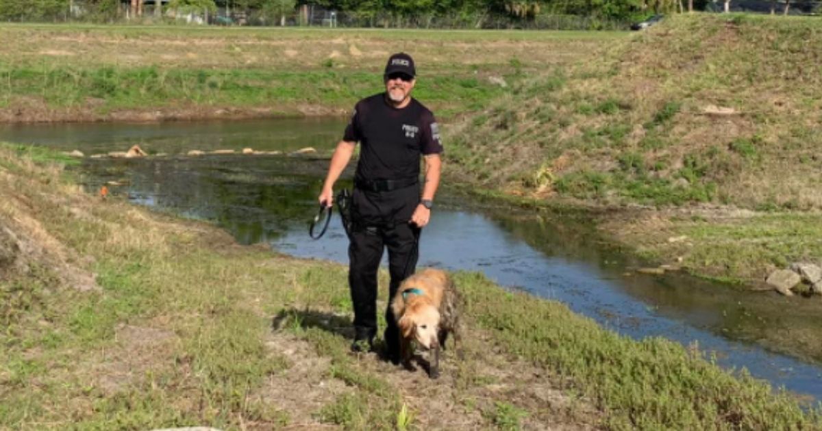 K9 Officer Carrol of the Palm Bay Police Department in Florida helped rescue a golden retriever that was stuck in the mud in a canal on Wednesday.