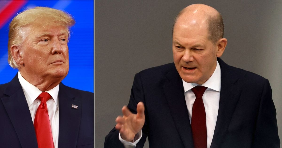 At left, former President Donald Trump speaks during the Conservative Political Action Conference at the Rosen Shingle Creek in Orlando on Saturday. At right, German Chancellor Olaf Scholz announces a new commitment to defense during an extraordinary session of the Bundestag in Berlin on Sunday.