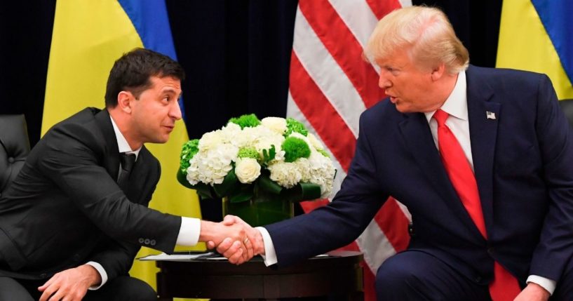 U.S. President Donald Trump, right, and Ukrainian President Volodymyr Zelenskyy shake hands during a meeting in New York on Sept. 25, 2019.