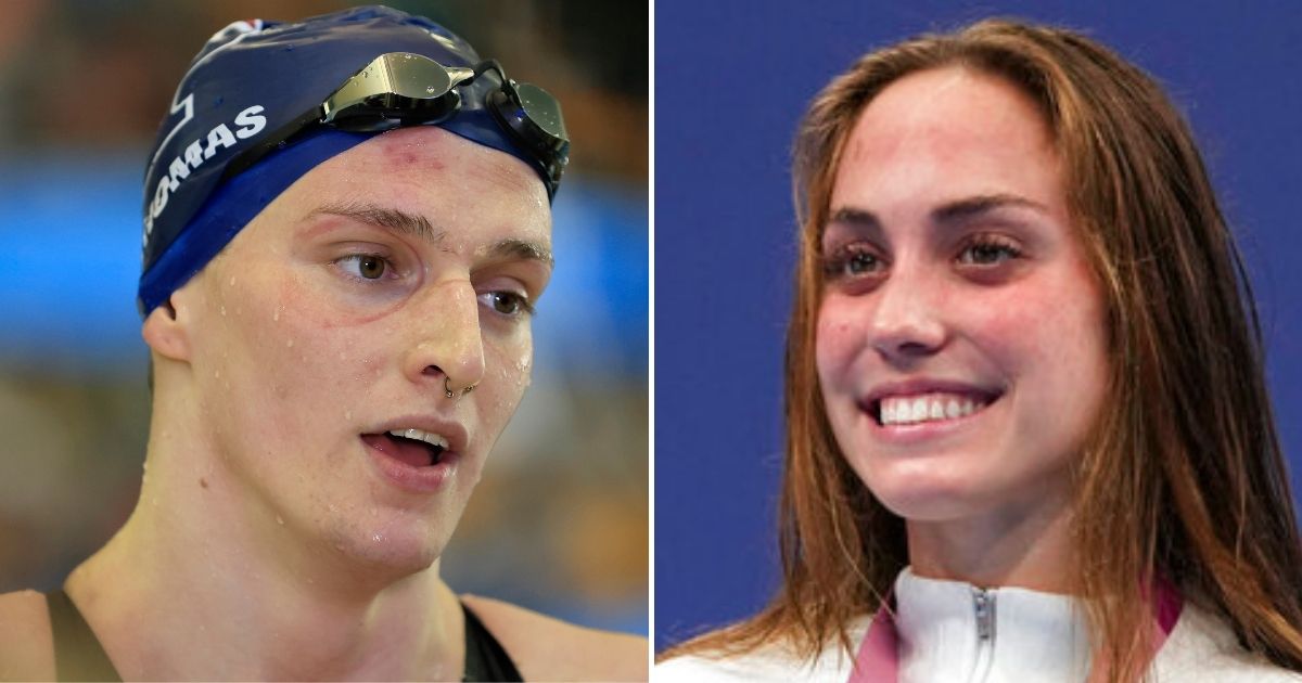 The Orlando Sentinel published an article referring to college swimmer Emma Weyant, right, as a 'female,' in quotes, while making no such editorial equivocation for transgender swimmer Lia Thomas, left, who is a man competing as a woman..
