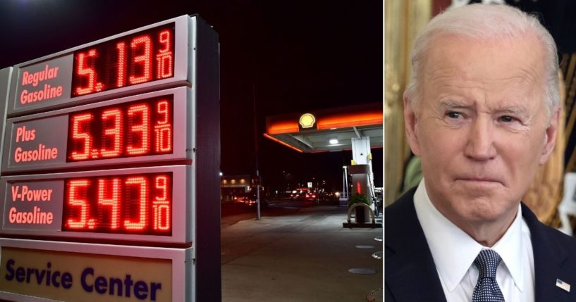 At left, gas prices reach over $5 a gallon at a station in Los Angeles on Friday. At right, President Joe Biden speaks in the East Room of the White House in Washington on Monday.