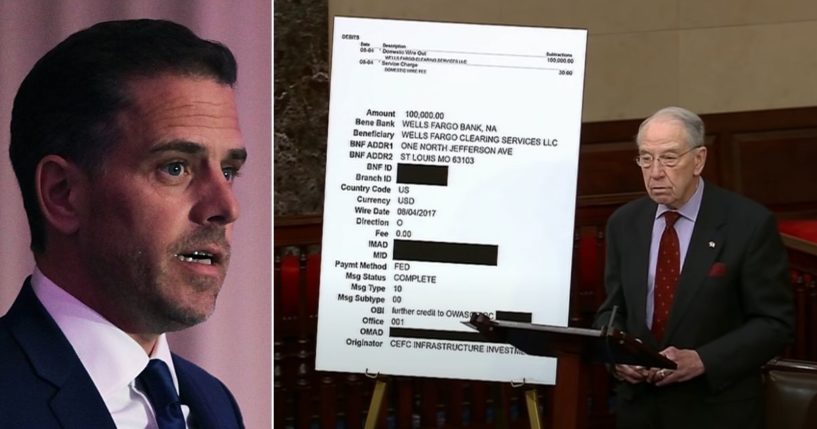 Iowa Republican Sen. Chuck Grassley, right, presents evidence of foreign payments to Hunter Biden, left, the son of President Joe Biden.