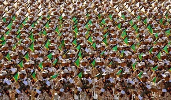On Sept. 22, 2014, members of Iran's Islamic Revolutionary Guards Corps marched for an annual parade at the mausoleum of Ayatollah Khomeini, outside Tehran, Iran.