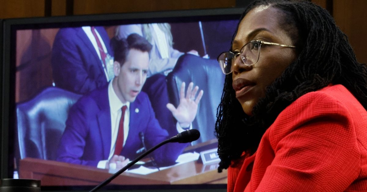 Supreme Court nominee Judge Ketanji Brown Jackson answers questions from Republican Sen. Josh Hawley of Missouri during her confirmation hearing before the Senate Judiciary Committee in the Hart Senate Office Building on Capitol Hill in Washington on Tuesday.