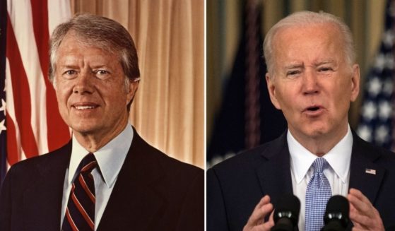 Former President Jimmy Carter, left, is seen circa 1980. President Joe Biden speaks from the State Dining Room of the White House in Washington, D.C., on Frday.