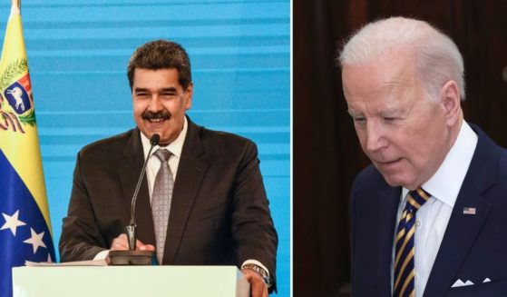 Venezuelan President Nicolas Maduro, left, speaks during a news conference in Miraflores Palace on Feb. 17, 2021, in Caracas, Venezuela. U.S. President Joe Biden arrives for remarks in the Roosevelt Room of the White House on Tuesday in Washington, D.C.