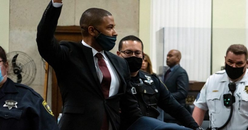 Jussie Smollett is led out of the courtroom after being sentenced at the Leighton Criminal Court Building on March 10 in Chicago.