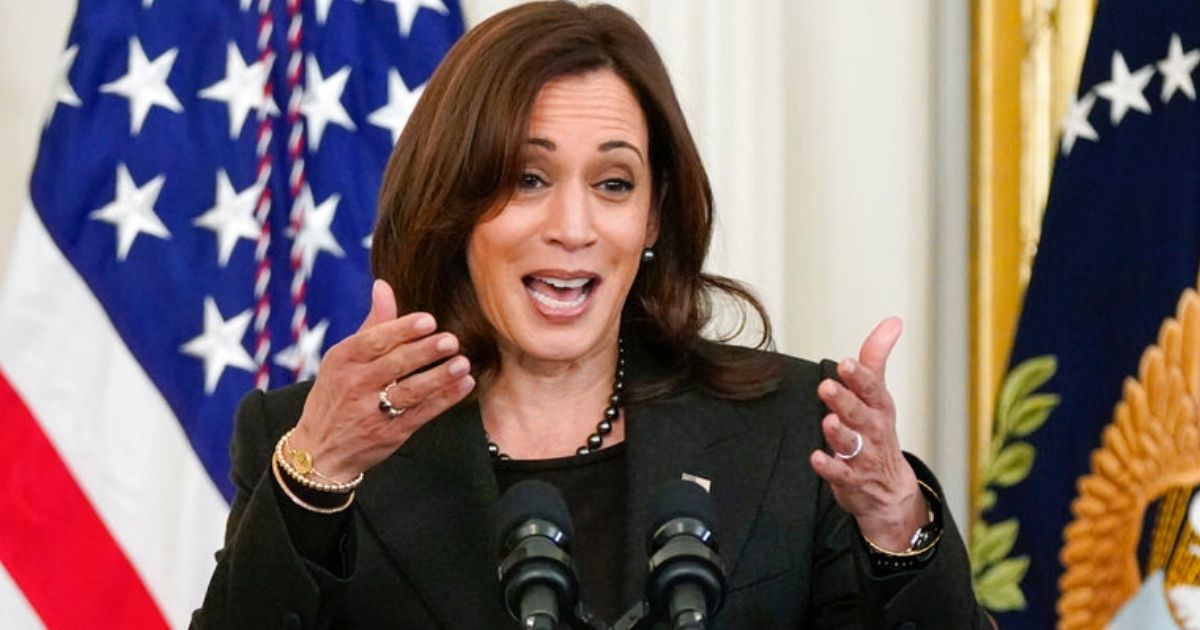 Vice President Kamala Harris, seen in a file photo from February, sounded like an elementary school teacher when she tried to explain the Russia-Ukraine conflict on a radio show Tuesday.