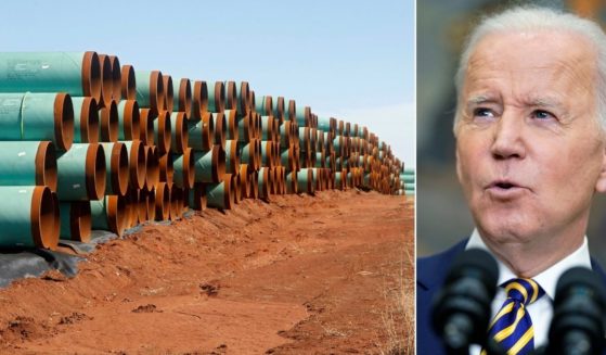 At left, miles of pipe ready to become part of the Keystone XL Pipeline are stacked in a field near Ripley, Oklahoma, on Feb. 1, 2012. At right, President Joe Biden, who canceled that project, announces a ban on Russian oil imports in the Roosevelt Room of the White House in Washington on Tuesday.