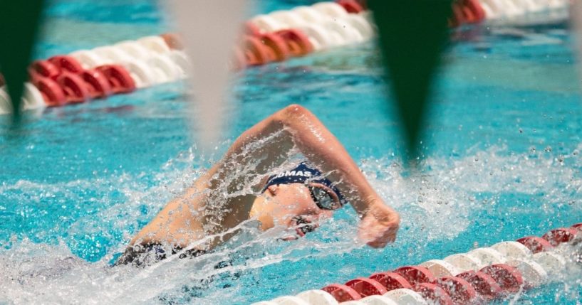 University of Pennsylvania swimmer Lia Thomas swims in the 200-yard freestyle during the 2022 Ivy League Women's Swimming and Diving Championships at Blodgett Pool on Feb. 18 in Cambridge, Massachusetts.