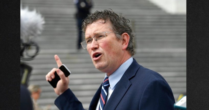 Republican Rep. Thomas Massie of Kentucky, seen in a file photo from March 2020, was one of few who voted against a resolution in support of Ukraine Thursday. Massie explained that, while he fully supports Ukraine's right of self-determination, he was alarmed at the broad language and promises implied in the seven-page resolution.