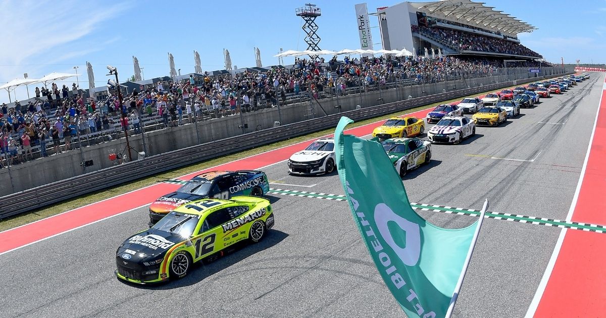 Ryan Blaney, driver of the #12 Menards/Richmond Water Heaters Ford, leads the field to the green flag to start the NASCAR Cup Series Echopark Automotive Grand Prix at Circuit of The Americas on March 27 in Austin, Texas.