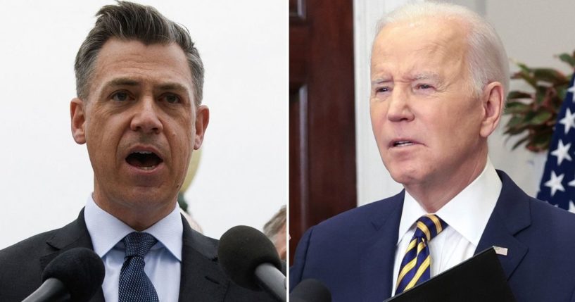 Republicans, including Rep. Jim Banks of Indiana, left, responded to President Joe Biden's ban on Russian gas by unveiling new legislation aimed at blocking the US from buying oil from terrorist-sponsored nations.
