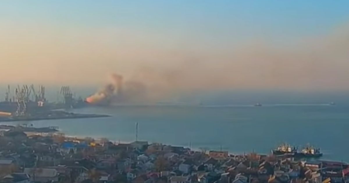 As the Russian vessel Orsk sat burning in the port in Berdyansk, Ukraine, on Thursday, two other Russia ships were seen speedily sailing away.
