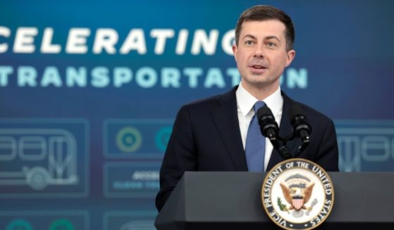 Secretary of Transportation Pete Buttigieg delivers remarks in the South Court Auditorium at the Eisenhower Executive Office Building on March 7 in Washington, D.C.