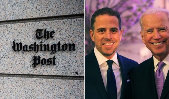 At left, a sign is seen at The Washington Post's headquarters on K Street in D.C. on May 16, 2019. At right, Hunter Biden and his father, then-Vice President Joe Biden, pose during an event in Washington on April 12, 2016.