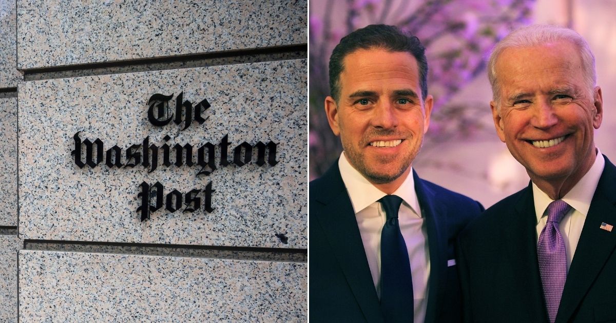 At left, a sign is seen at The Washington Post's headquarters on K Street in D.C. on May 16, 2019. At right, Hunter Biden and his father, then-Vice President Joe Biden, pose during an event in Washington on April 12, 2016.