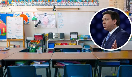 An elementary school classroom is seen in this stock image. Florida Gov. Ron DeSantis speaks at the Conservative Political Action Conference on Feb. 24 in Orlando, Florida.