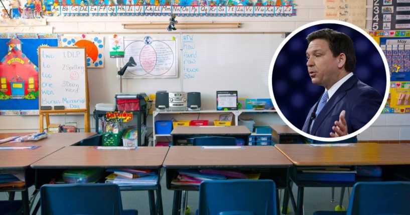 An elementary school classroom is seen in this stock image. Florida Gov. Ron DeSantis speaks at the Conservative Political Action Conference on Feb. 24 in Orlando, Florida.