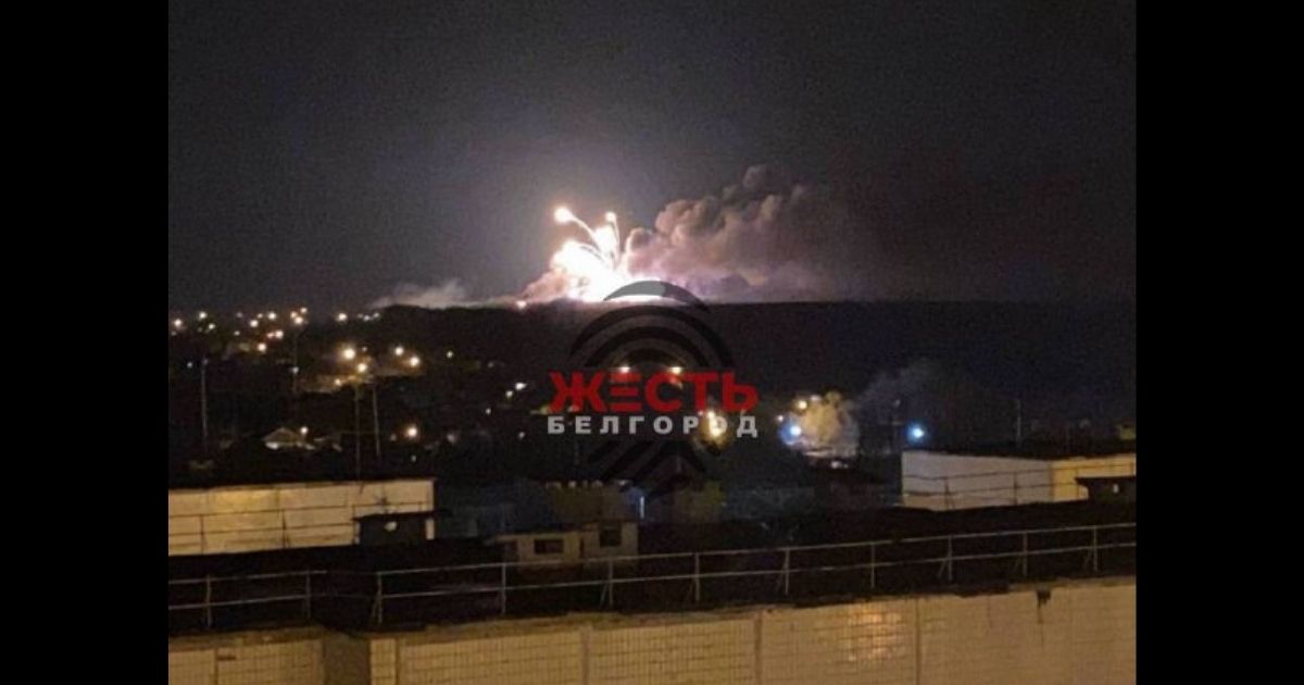 A building filled with munitions in the Russian border city of Belgorod is consumed in a large explosion.