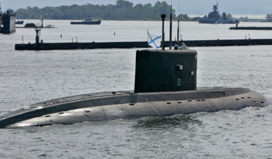 The Russian naval white-blue flag is seen atop a Paltus (Turbot) class Soviet built diesel-electric submarine in Kaliningrad, Russia, on July 30, 2007.