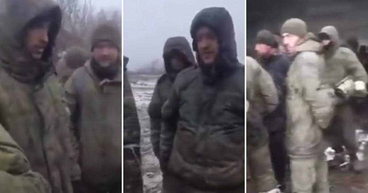 A video purportedly shot by a Russian soldier and obtained by Ukranian TV shows a large group standing around a large barn-like building. The narrator says the men have not been provided food or water for days.