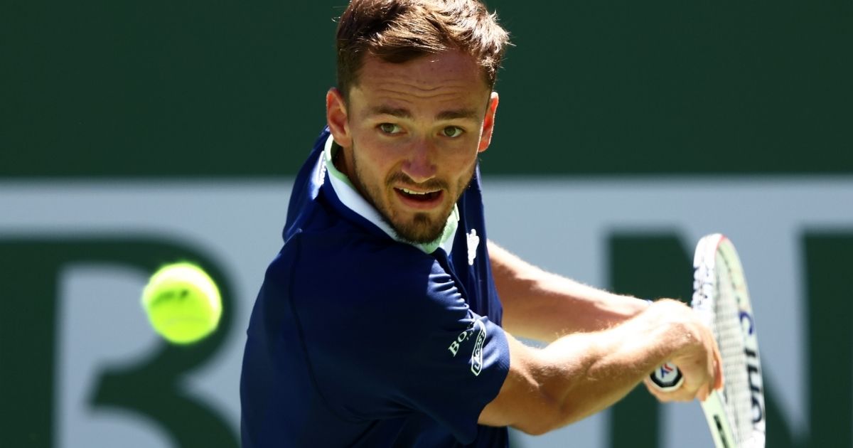 Daniil Medvedev of Russia plays a backhand against Gael Monfils of France in their third-round match of the BNP Paribas Open at the Indian Wells Tennis Garden in Indian Wells, California, on Monday.
