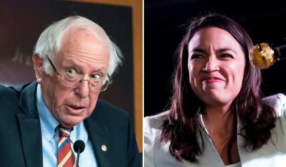 Sen. Bernie Sander, left, speaks at Capitol Hill during a news conference on Nov. 3, 2021. Rep. Alexandria Ocasio-Cortez, right, speaks at a campaign rally for Democratic Congressional candidates in Texas on Feb. 12.