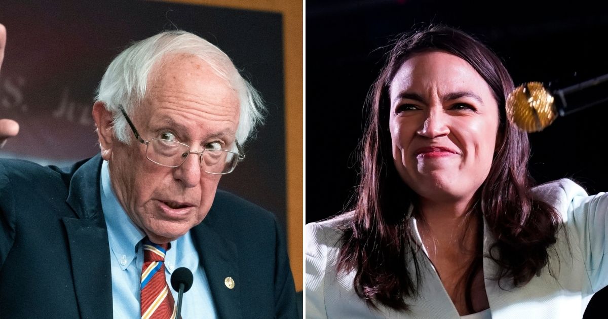 Sen. Bernie Sander, left, speaks at Capitol Hill during a news conference on Nov. 3, 2021. Rep. Alexandria Ocasio-Cortez, right, speaks at a campaign rally for Democratic Congressional candidates in Texas on Feb. 12.