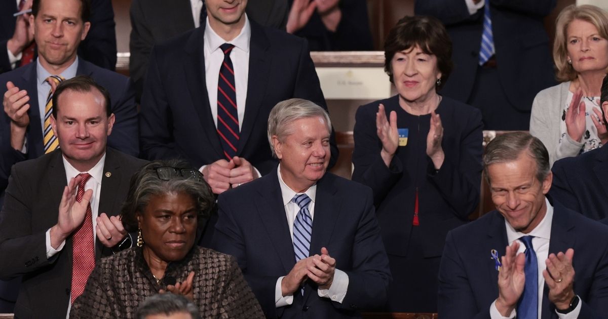 Sen. Susan Collins of Maine, center right, applauds alongside other Republican senators during President Joe Biden's State of the Union address in the U.S. Capitol's House Chamber on March 1.